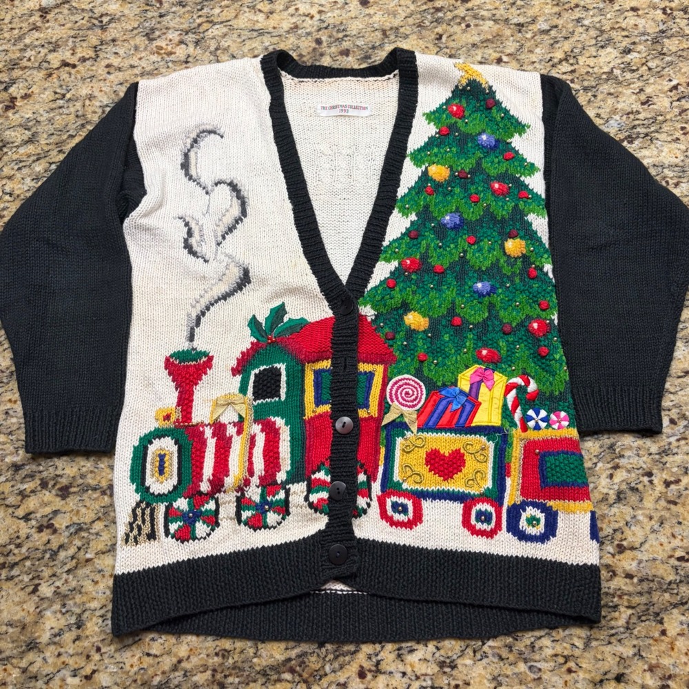 Vintage 1993 The Christmas Collection Train Tree Cardigan Sweater Black‎ White
